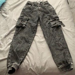 Faded denim cargo pants garage
